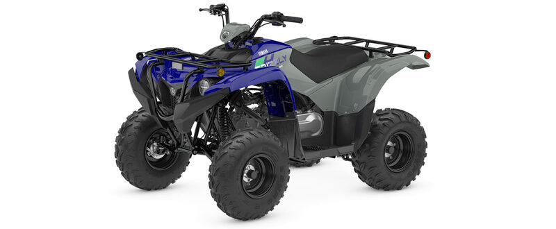 Blue and gray quad bike (ATV) with large off-road tires and front rack, shown on a white background, angled to the left.