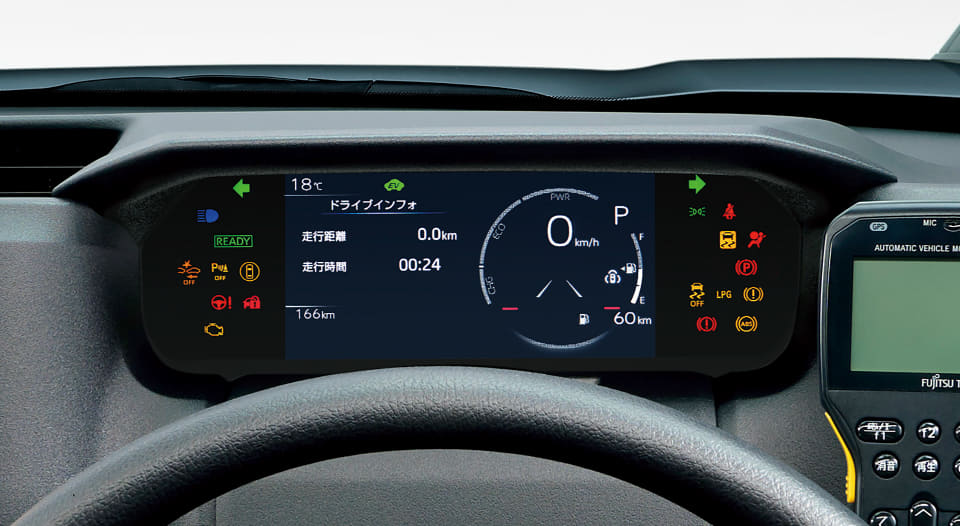 Digital car dashboard with speed at 0 km/h, showing trip data and status icons; steering wheel in foreground and central circular gauge.
