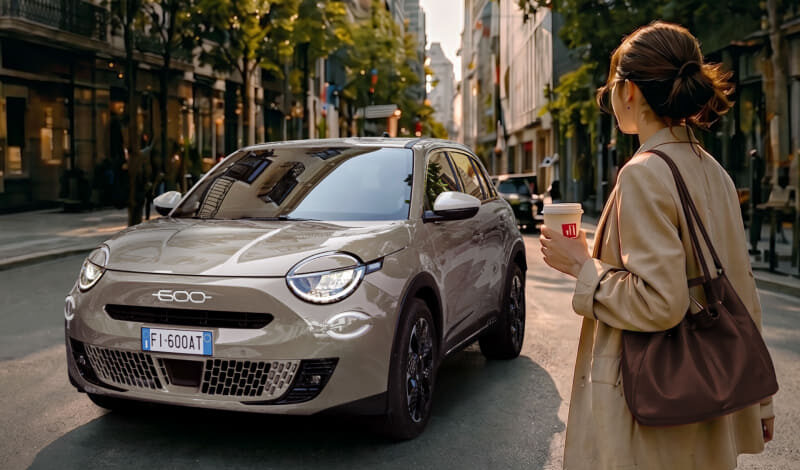 A woman holding a coffee cup stands on a city street beside a beige Fiat 500 car parked along the curb as other buildings loom in the background.