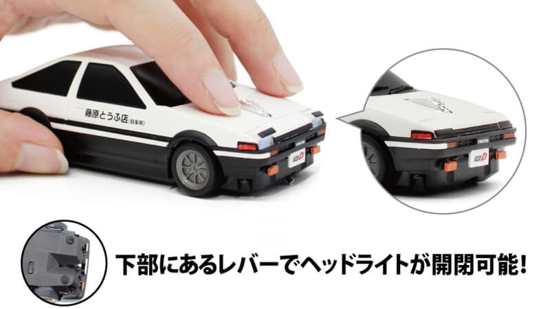 White toy car being gently operated by fingers; inset circles show a bottom lever and the rear with headlights that open and close, per the caption