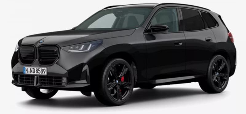 Front-left three-quarter view of a black BMW SUV with a prominent kidney grille and dark alloy wheels on a white background, red brake calipers visible.