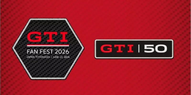 Red banner featuring a GTI Fan Fest 2026 hex badge (Japan Toyohashi, June 13, 2026) on the left and a GTI 50 emblem on the right.