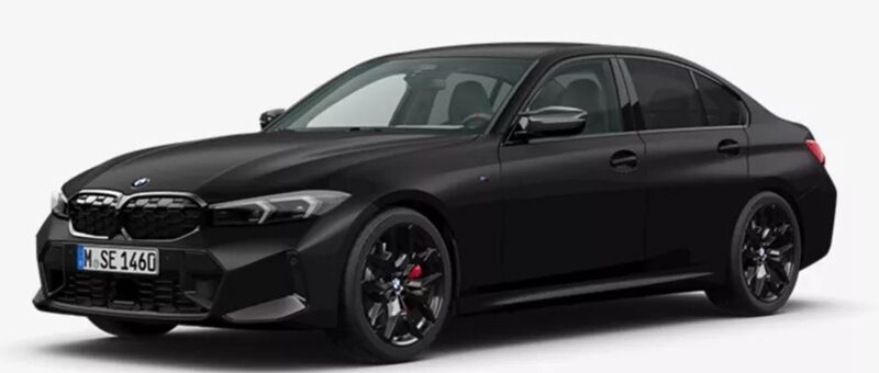 Front three-quarter view of a black BMW 3 Series sedan with sporty bumper and large black wheels on a white background