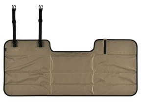 Beige foldable car rear window shade with two straps and buckles for attaching to headrests.
