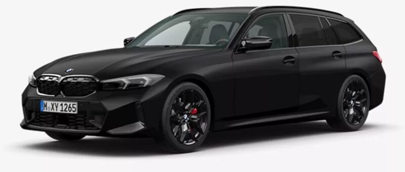Black BMW station wagon shown from front-left, featuring a bold front grille and dark alloy wheels against a light background.