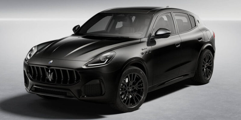 Black Maserati Levante SUV shown in a front-three-quarter view on a light gray backdrop with large dark wheels and distinctive grille