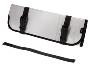 Padded roll-up tool or gear pouch with two black buckle straps and a detachable strap on a white background