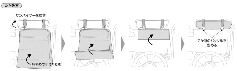 Four-step diagram showing how to fold a car seat for storage: 1) fold the seat cushion along the valley crease, 2) hinge the backrest forward, 3) swing out a panel from the seat base, and 4) secure the two straps at the top.