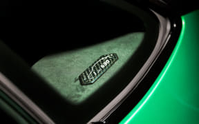 Close-up of a small black badge with a checkered pattern on green car trunk carpet, near the door edge.