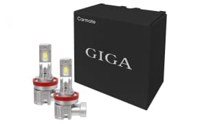 Two LED car headlight bulbs with red bases next to a black GIGA packaging box.