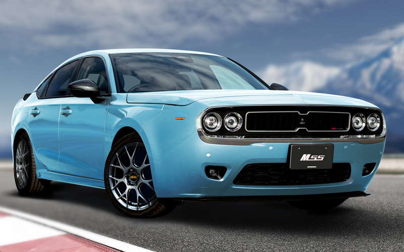 Blue Dodge Charger SRT muscle car, shown from a front three-quarter view on a race track.