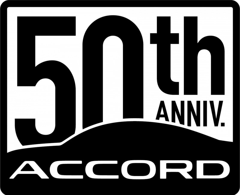 Logo for the 50th anniversary of the Accord, with '50th Anniv.' over a curved horizon and the word 'ACCORD' below in bold letters.