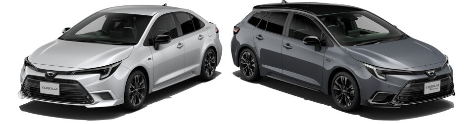 Two Toyota Corolla cars: a white sedan on the left and a dark gray hatchback on the right, shown from a three-quarter front view.