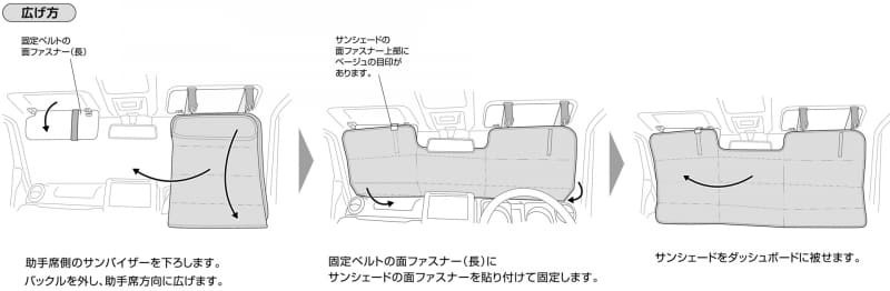 Three-step car seat instruction diagram showing how to unfold and secure the rear bench: 1) release the belt and tilt the seat portion forward. 2) align and fasten the belt on the bottom of the seat and attach it to the seatback. 3) push the sunshade toward the dash and secure it with the sunshade rail.