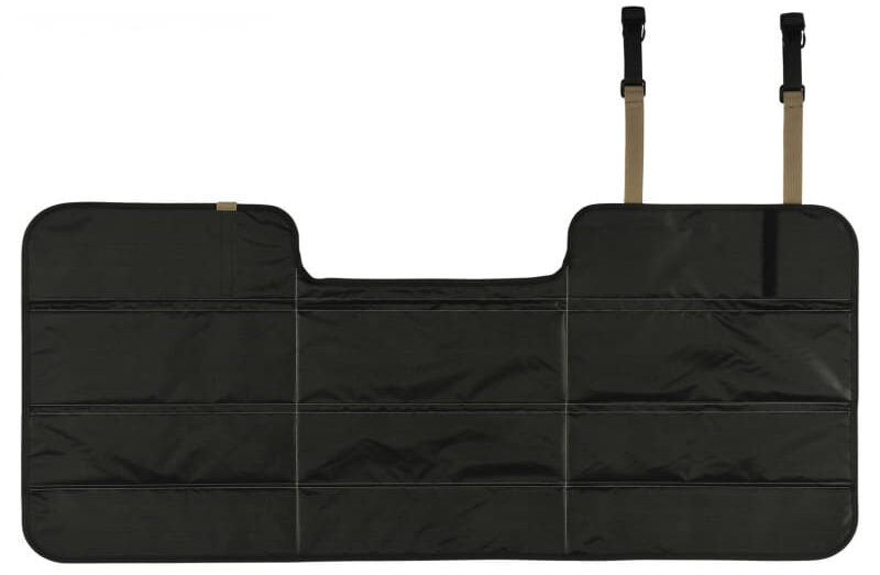 Black padded car trunk organizer with three horizontal pockets and tan hanging straps at the top right for mounting.