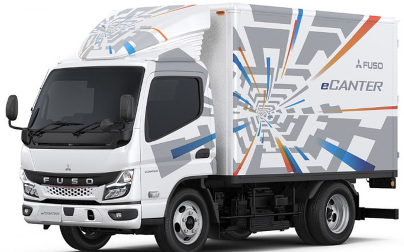 Electric delivery truck, white Fuso eCanter with colorful geometric graphics on the cargo box, side view.