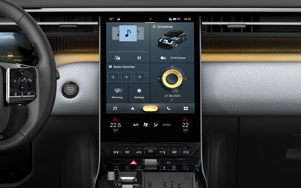 Centered vertical infotainment touchscreen showing car controls and widgets in a modern vehicle interior