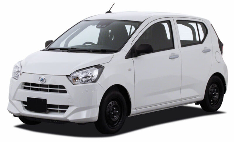 White compact hatchback car, front-left view with black steel wheels.