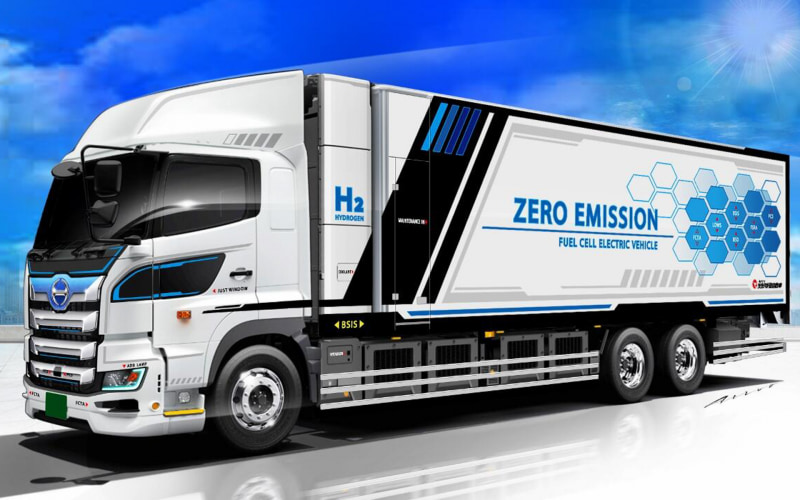 White hydrogen-powered semi-truck with a large trailer that reads 'ZERO EMISSION' and blue hexagonal graphics, labeled as a fuel cell electric vehicle, set against a bright blue sky.