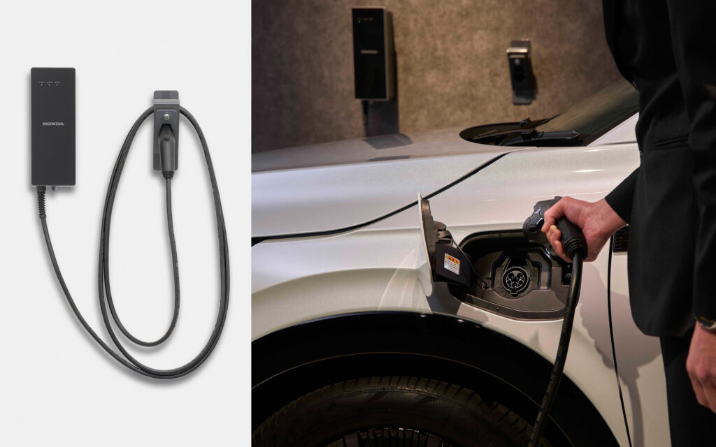 Left: Honda electric vehicle charger with a plugged-in cord, shown against a white background; right: person charging a silver car at a charging station, port open and handle in hand.