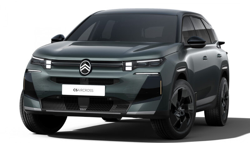 Front three-quarter view of a dark green Citroën C5 Aircross SUV on a white background.