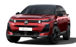 Front-left three-quarter view of a red crossover SUV with black roof and stylish alloy wheels, displaying a Citroën badge on the grille.