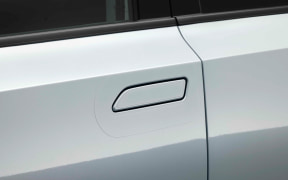 Close-up of a silver car door with a recessed door handle on a light-gray vehicle