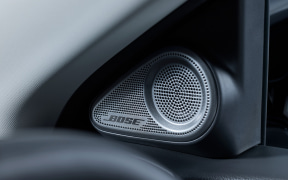 Bose car door speaker with a circular grille integrated into a car interior.