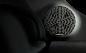 Close-up of a round car speaker embedded in the door panel, surrounded by dark interior.
