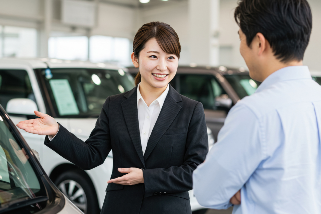 中古車販売店の展示車を見ながら、購入者が複数の車を比較・検討している