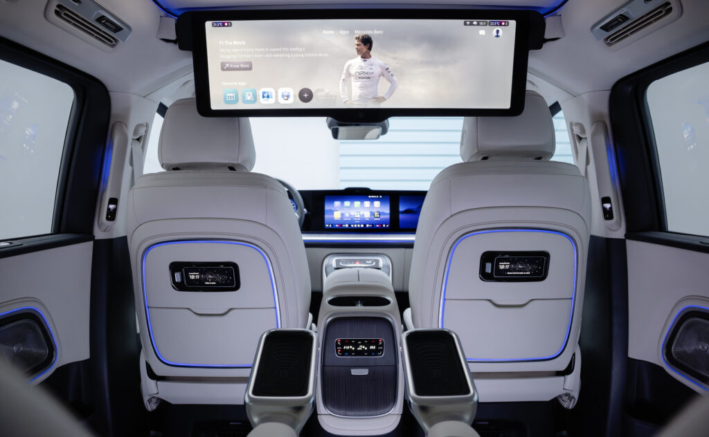 Luxury SUV interior with a large overhead infotainment screen, white leather seats, and blue ambient lighting along the seat backs.