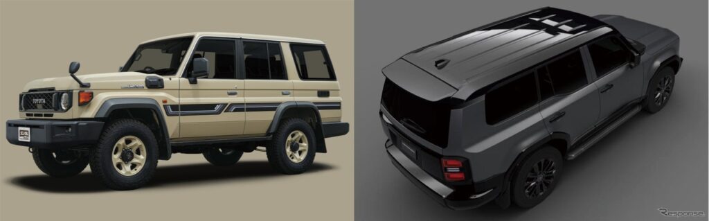Beige Toyota Land Cruiser on the left and a dark gray modern SUV on the right, side by side.