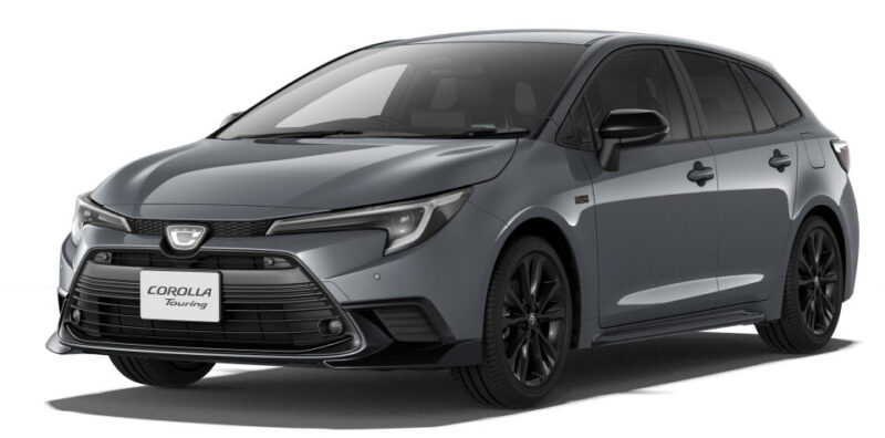 Gray Toyota Corolla Touring wagon, three-quarter front view highlighting the grille and headlights.