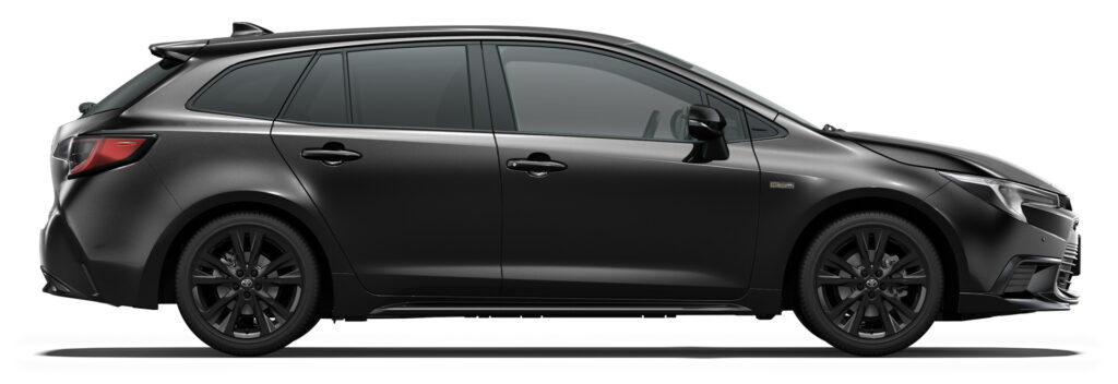 Side profile of a black SUV with dark alloy wheels on a white background.