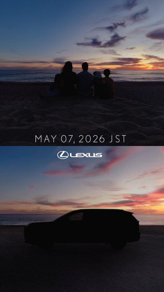 Two-panel beach sunset: silhouettes of a family sitting on the sand, then a dark car silhouette against a colorful sunset with a Lexus logo above.