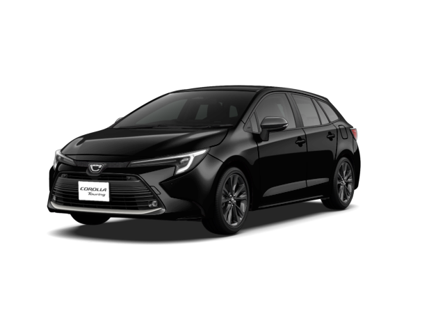 Black Toyota Corolla Touring car photographed from a front-left three-quarter view, highlighting its grille and headlamps