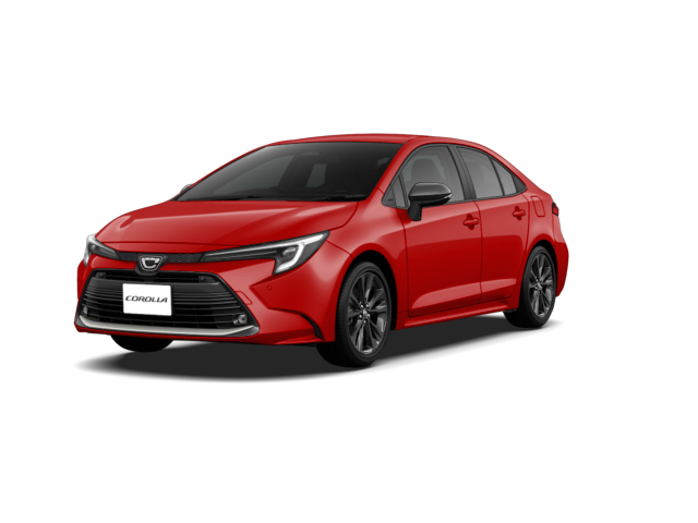 Red sedan car (Toyota Corolla) viewed from the front-left, highlighting its grille and sleek headlights on a black background